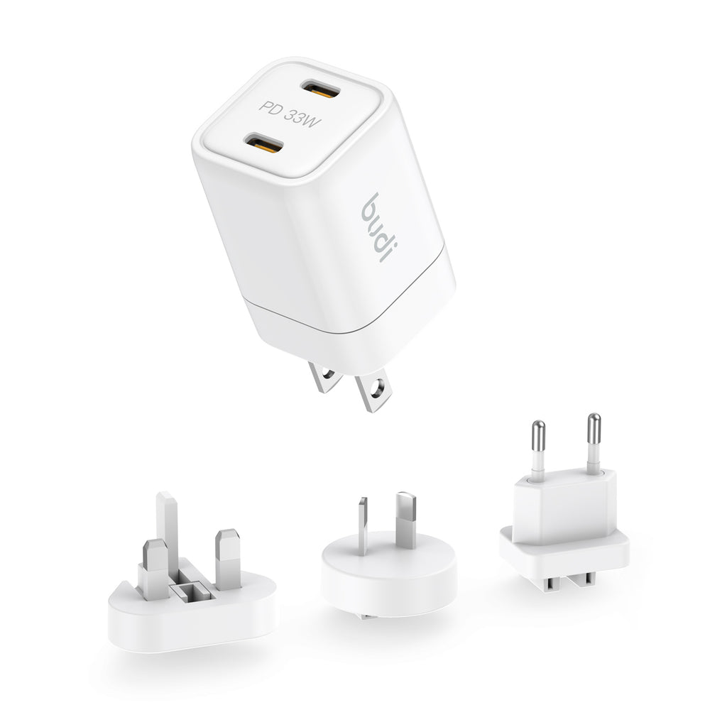 33W PD 2-Port Dual USB-C Wall Charger | 4 Interchangeable Plugs (UK/EU/AU/US)