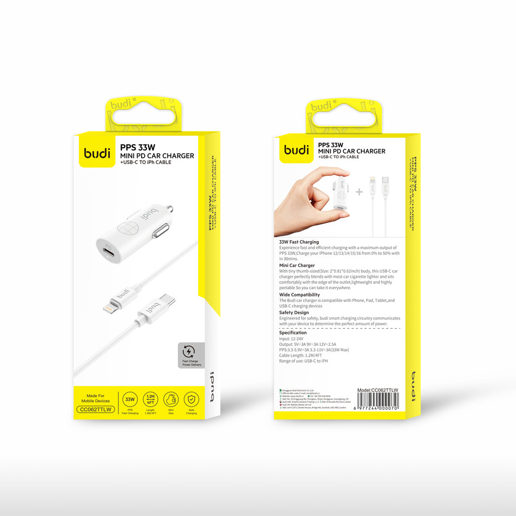 33W PD/PPS Mini USB-C Car Charger with 27W USB-C to Lightning Cable | Fire-Resistant PC Shell