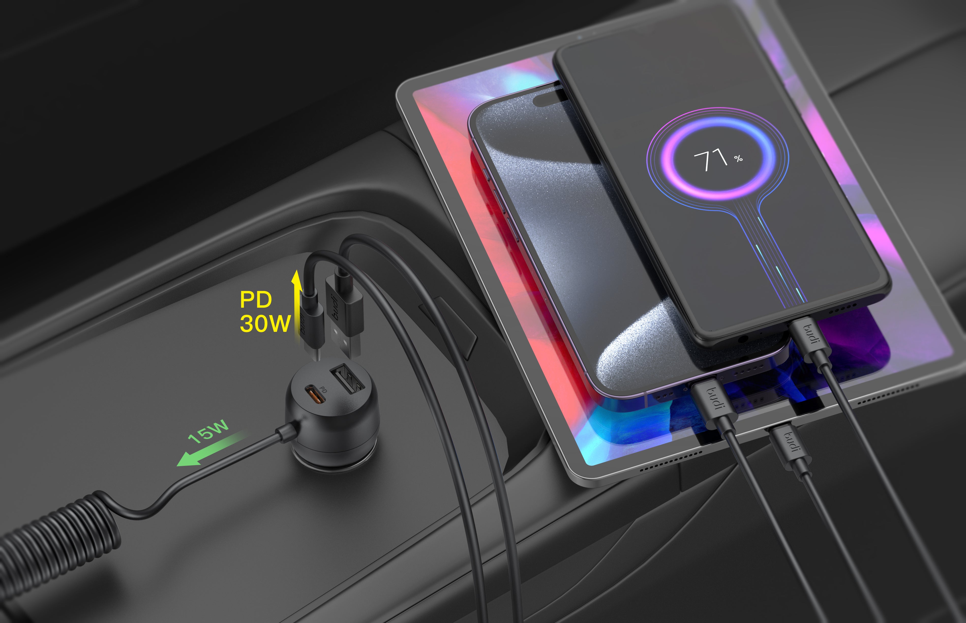 35W PD/PPS 2-Port Car Charger (1x USB-C + 1x USB-A) with 3-IN-1 Spring Cable | Fire-Resistant PC Shell