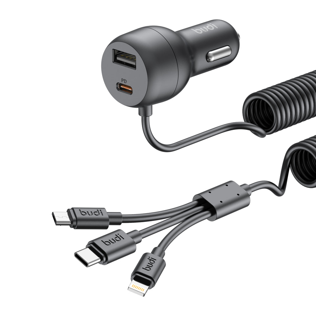 35W PD/PPS 2-Port Car Charger (1x USB-C + 1x USB-A) with 3-IN-1 Spring Cable | Fire-Resistant PC Shell
