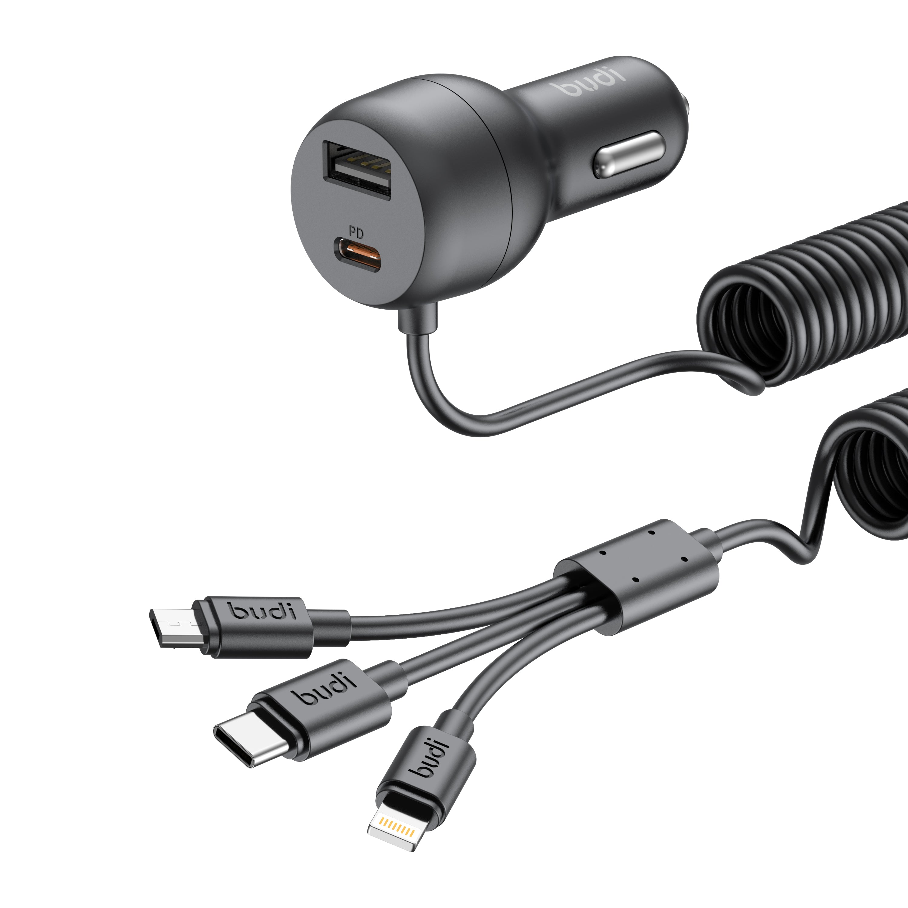 35W PD/PPS 2-Port Car Charger (1x USB-C + 1x USB-A) with 3-IN-1 Spring Cable | Fire-Resistant PC Shell