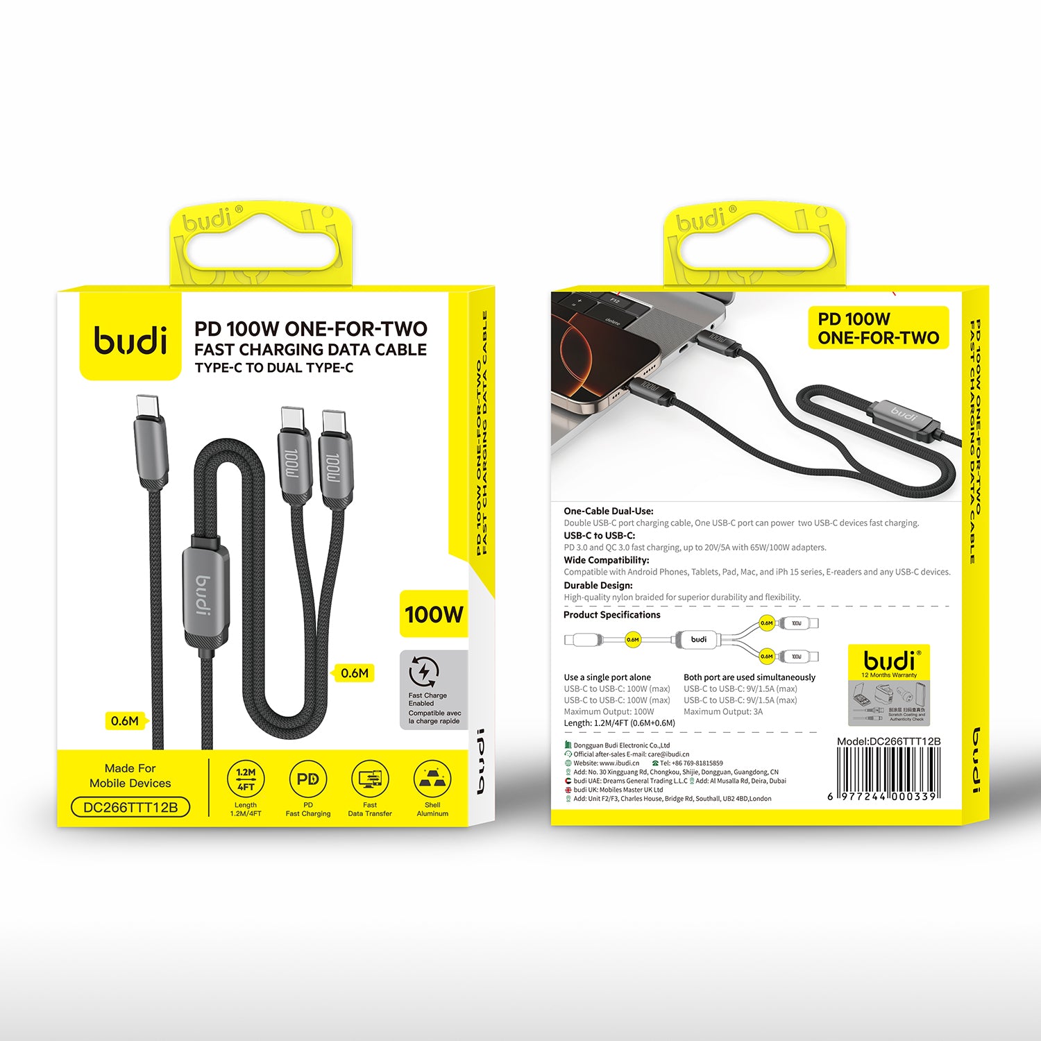 100W 2-IN-1 USB-C to Dual USB-C Fast Charging Cable 1.2m | Pure Copper Core | Nylon Braided | Aluminum Alloy Shell