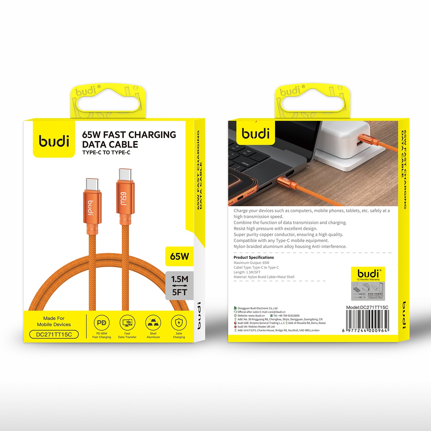 65W USB-C to USB-C Fast Charging Cable 1.5m | Pure Copper Core | Nylon Braided | Aluminum Alloy Shell