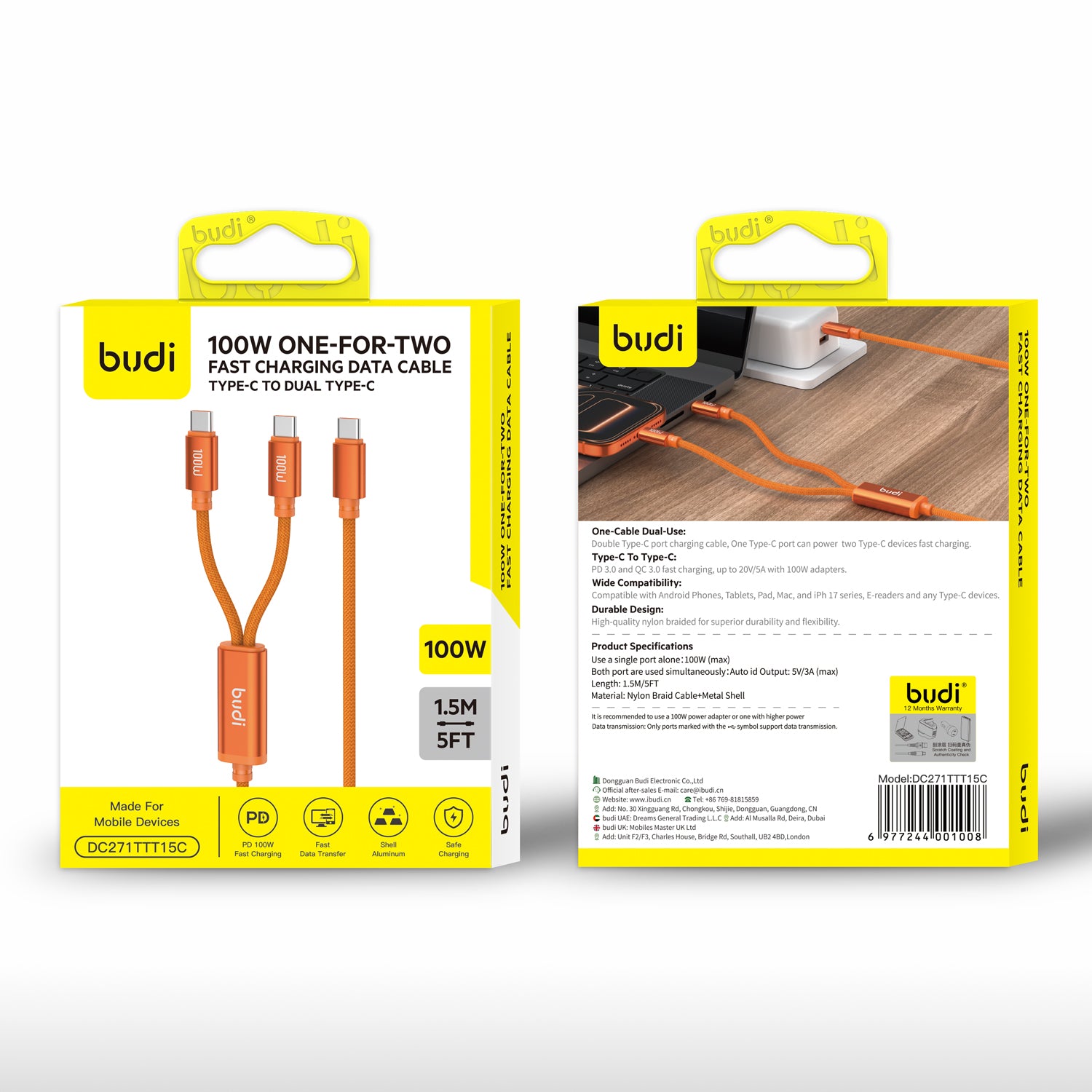 100W 2-IN-1 USB-C to Dual USB-C Fast Charging Cable 1.5m | Pure Copper Core | Nylon Braided | Aluminum Alloy Shell
