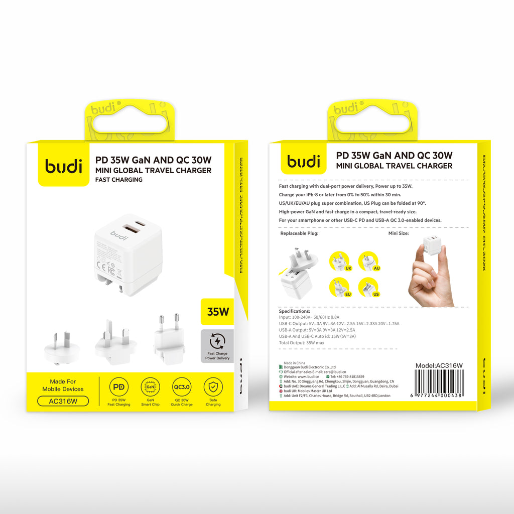 35W PD+QC 2-Port USB Wall Charger (1x USB-C + 1x USB-A) | 4 Interchangeable Plugs (UK/EU/AU/US)