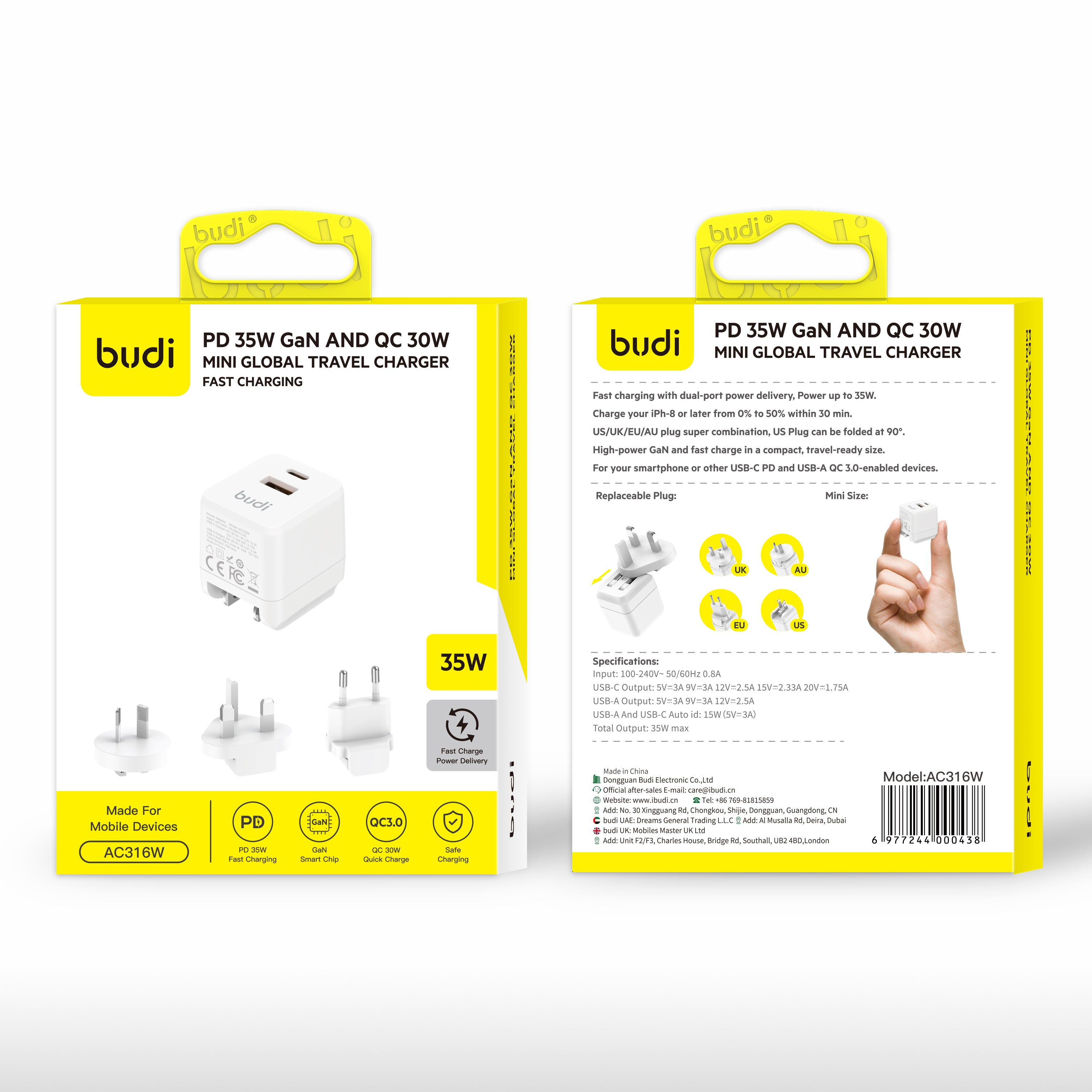 35W PD+QC 2-Port USB Wall Charger (1x USB-C + 1x USB-A) | 4 Interchangeable Plugs (UK/EU/AU/US)