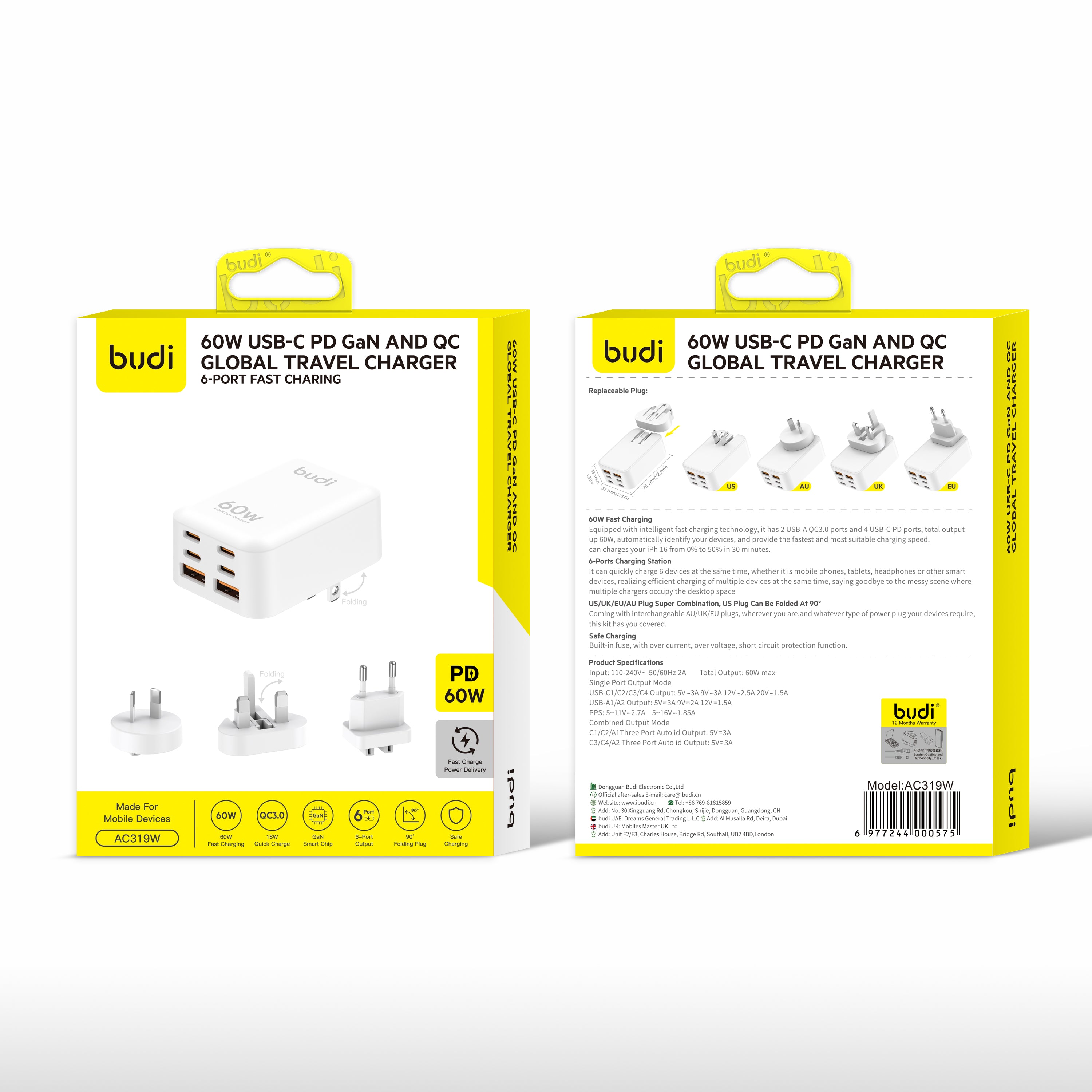 60W PD+QC 6-Port USB Wall Charger (4x USB-C + 2x USB-A) | 4 Interchangeable Plugs (UK/EU/AU/US)