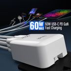 60W PD+QC 6-Port USB Wall Charger (4x USB-C + 2x USB-A) | 4 Interchangeable Plugs (UK/EU/AU/US)