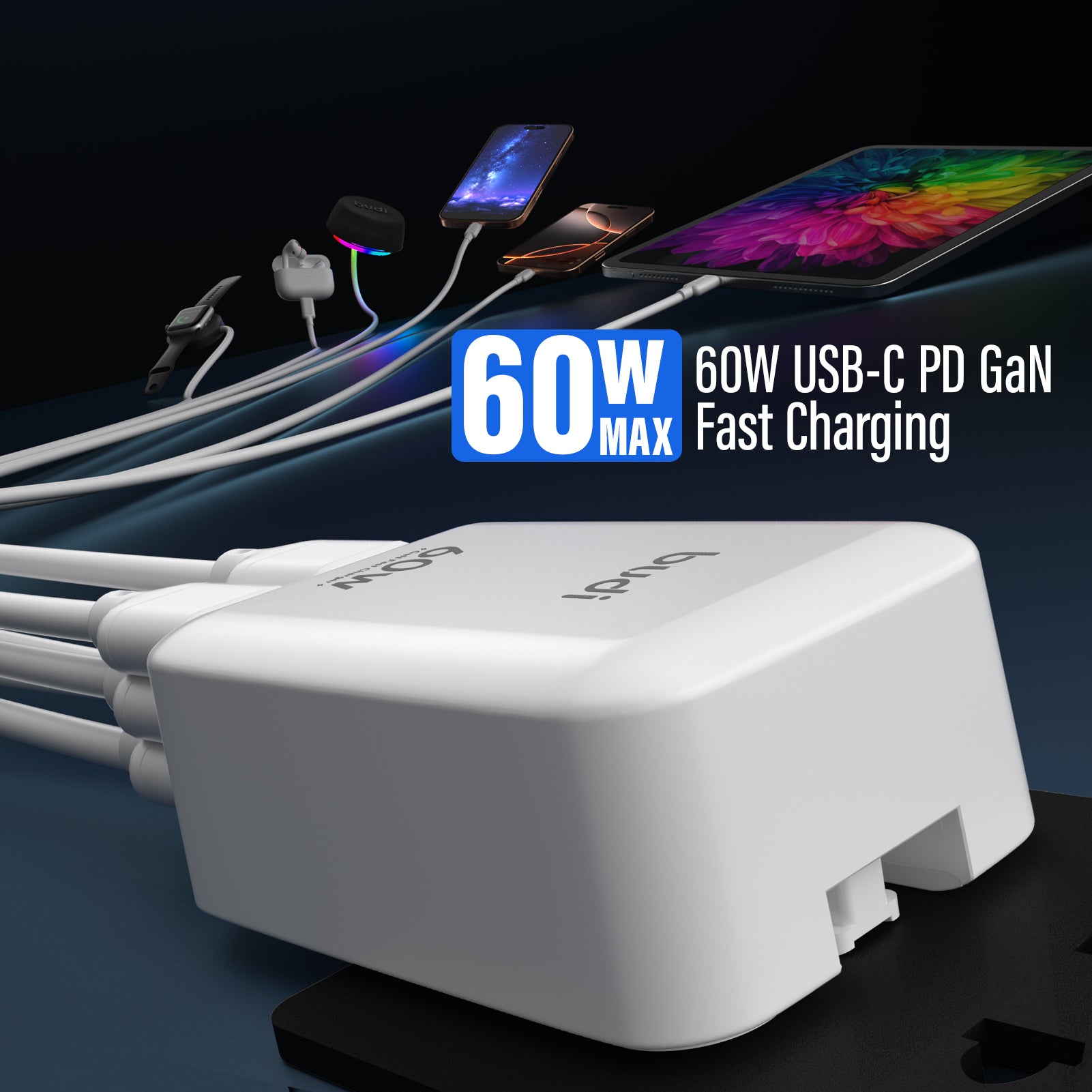 60W PD+QC 6-Port USB Wall Charger (4x USB-C + 2x USB-A) | 4 Interchangeable Plugs (UK/EU/AU/US)