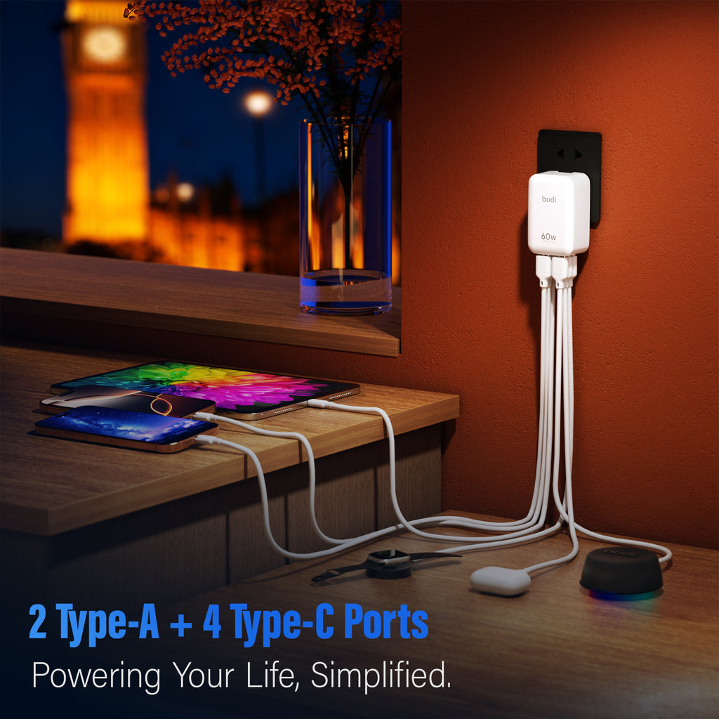 60W PD+QC 6-Port USB Wall Charger (4x USB-C + 2x USB-A) | 4 Interchangeable Plugs (UK/EU/AU/US)