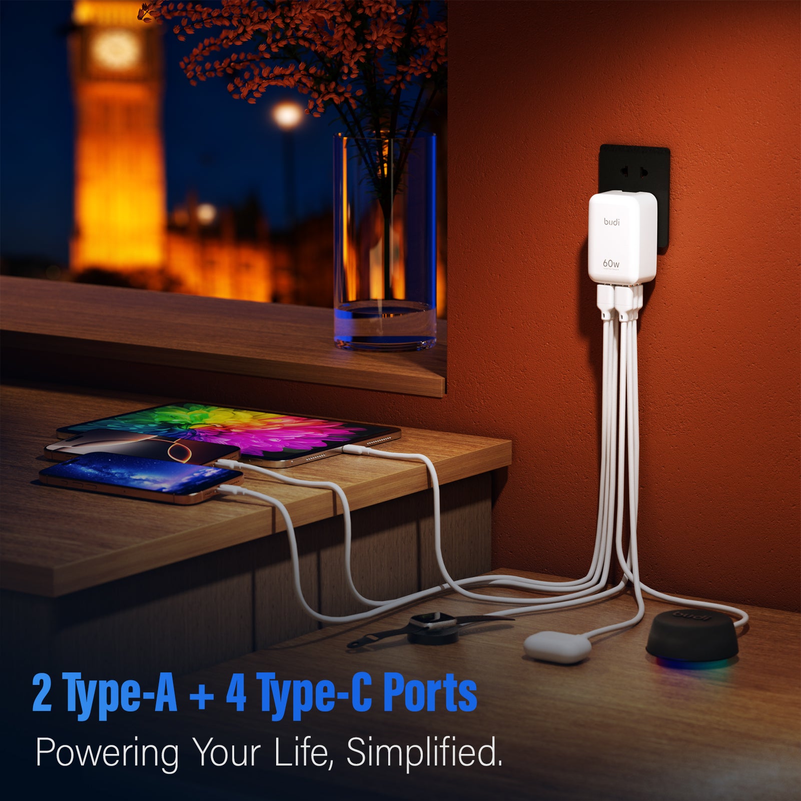 60W PD+QC 6-Port USB Wall Charger (4x USB-C + 2x USB-A) | 4 Interchangeable Plugs (UK/EU/AU/US)