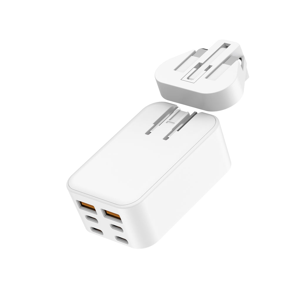 60W PD+QC 6-Port USB Wall Charger (4x USB-C + 2x USB-A) | 4 Interchangeable Plugs (UK/EU/AU/US)