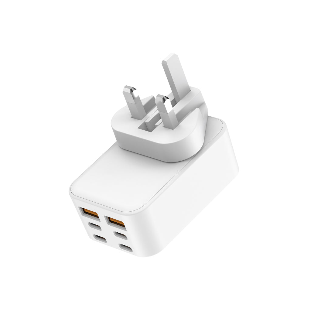 60W PD+QC 6-Port USB Wall Charger (4x USB-C + 2x USB-A) | 4 Interchangeable Plugs (UK/EU/AU/US)
