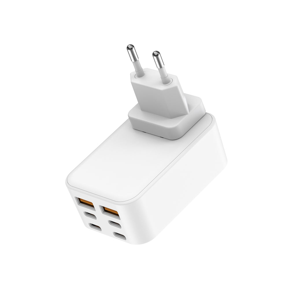 60W PD+QC 6-Port USB Wall Charger (4x USB-C + 2x USB-A) | 4 Interchangeable Plugs (UK/EU/AU/US)