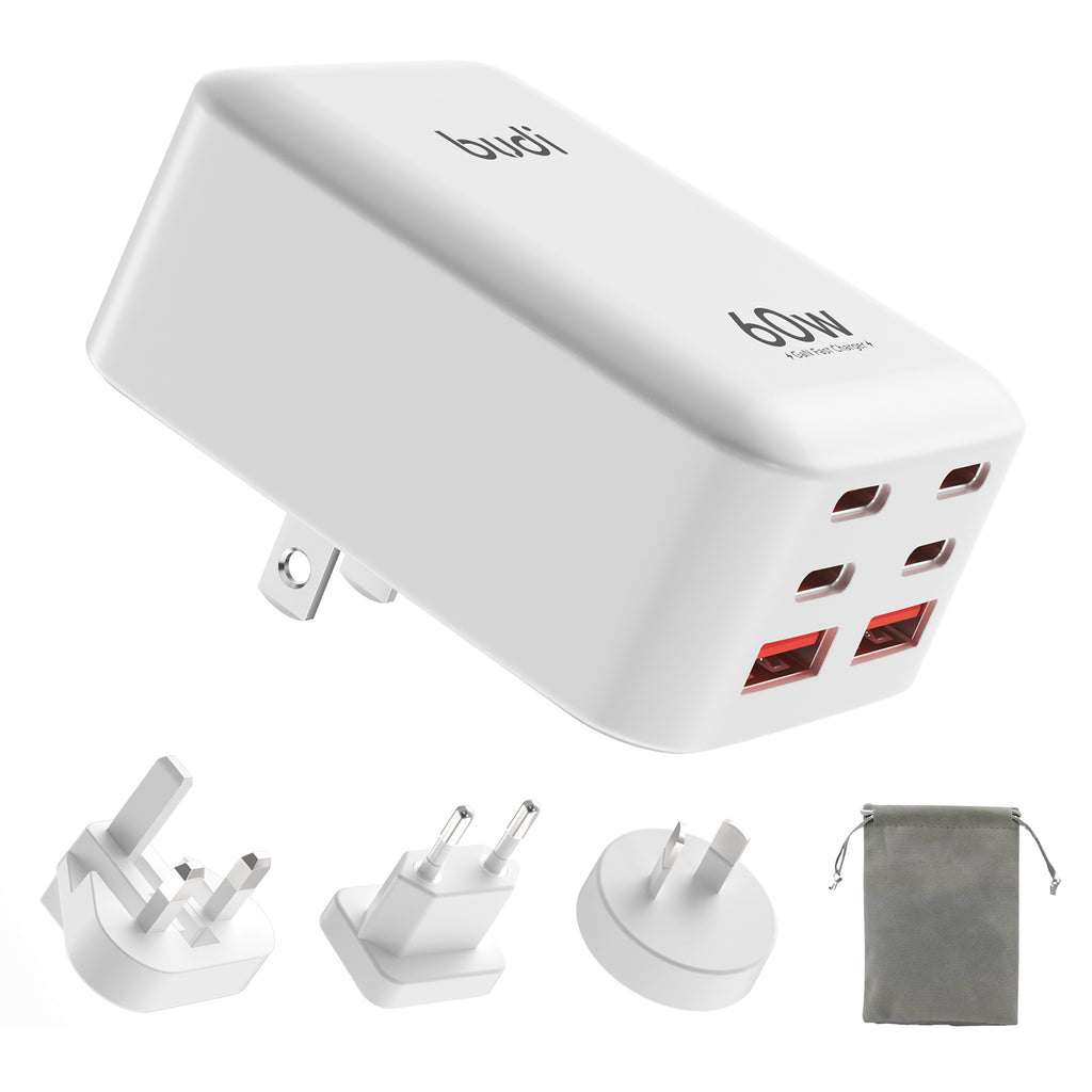 60W PD+QC 6-Port USB Wall Charger (4x USB-C + 2x USB-A) | 4 Interchangeable Plugs (UK/EU/AU/US)