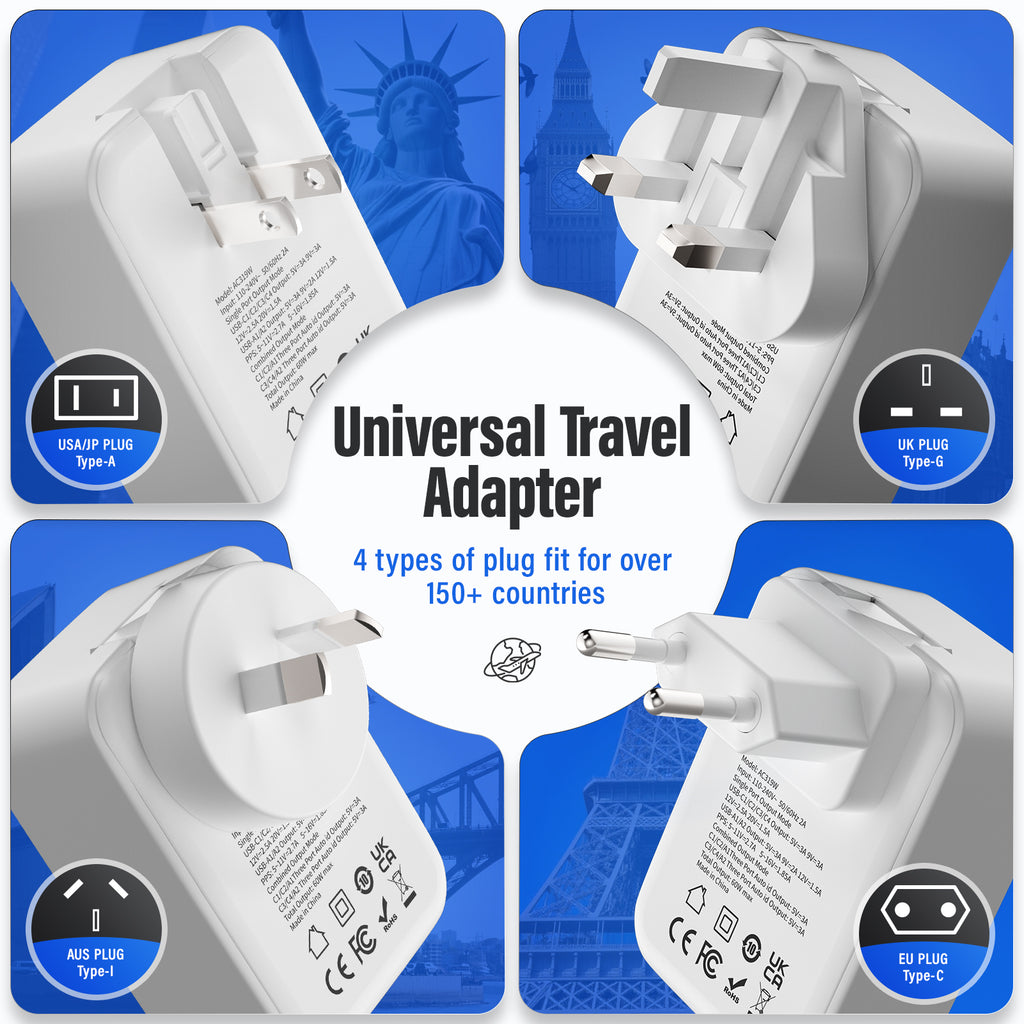 60W PD+QC 6-Port USB Wall Charger (4x USB-C + 2x USB-A) | 4 Interchangeable Plugs (UK/EU/AU/US)