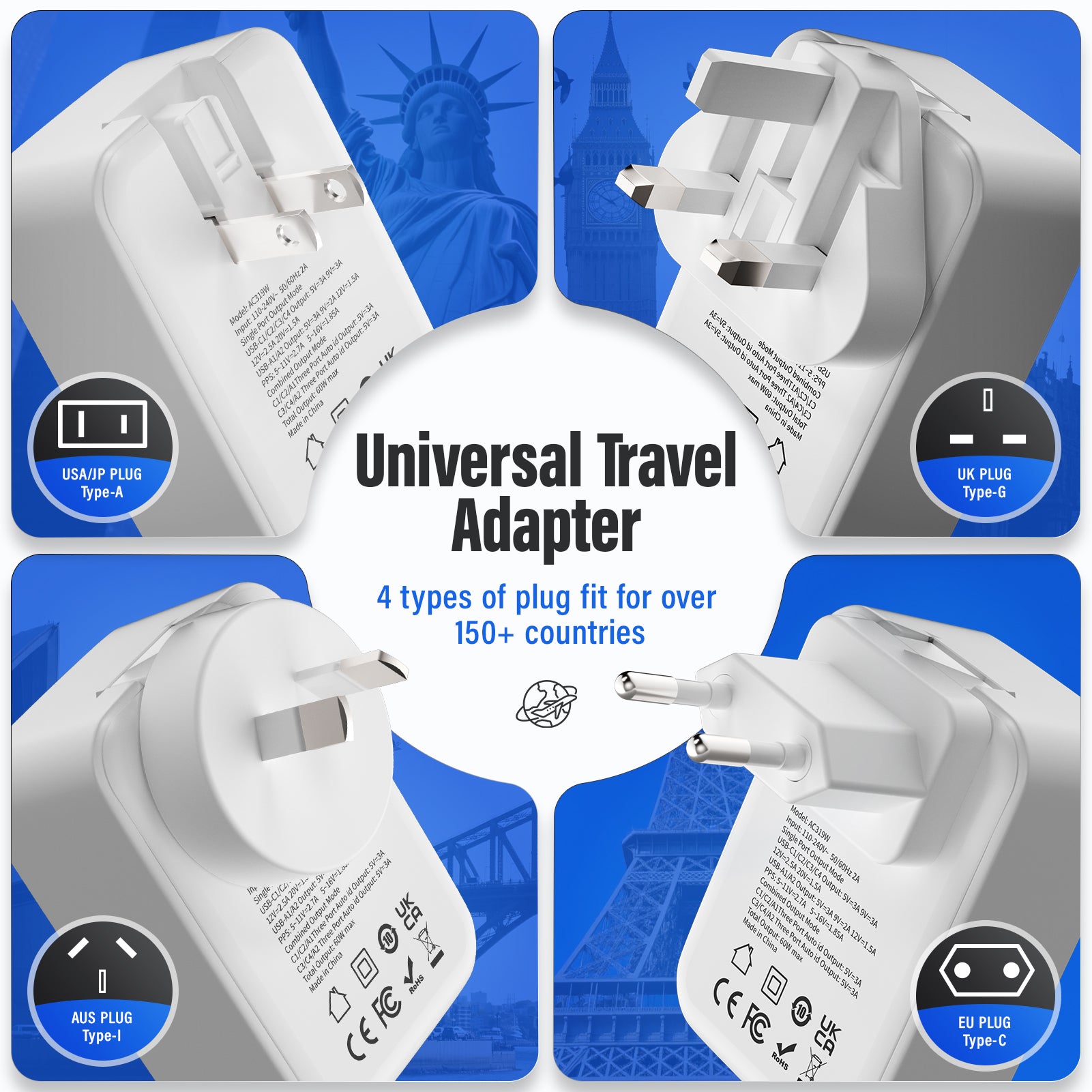 60W PD+QC 6-Port USB Wall Charger (4x USB-C + 2x USB-A) | 4 Interchangeable Plugs (UK/EU/AU/US)