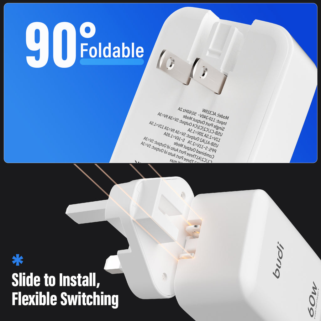 60W PD+QC 6-Port USB Wall Charger (4x USB-C + 2x USB-A) | 4 Interchangeable Plugs (UK/EU/AU/US)