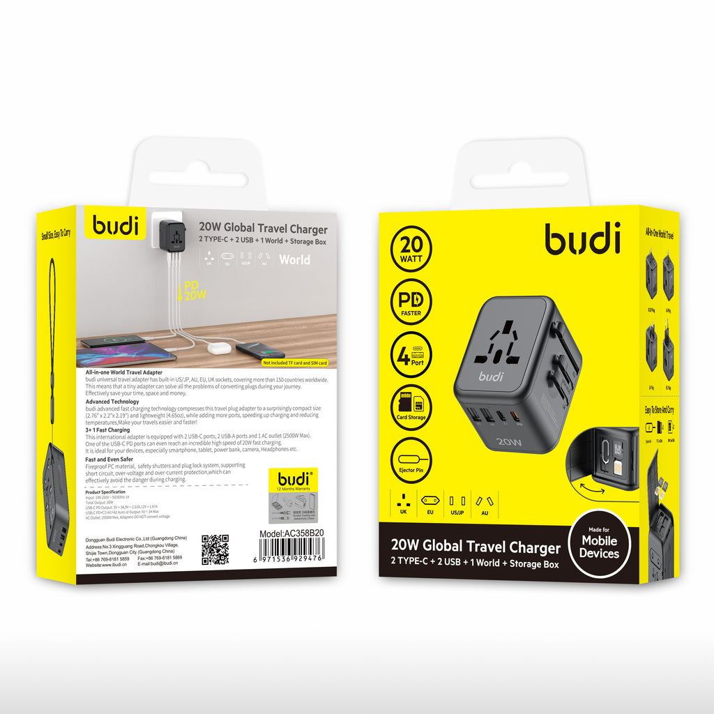 20W PD 4-Port USB Wall Charger (2x USB-C + 2x USB-A) | 4 Interchangeable Plugs (UK/EU/AU/US)