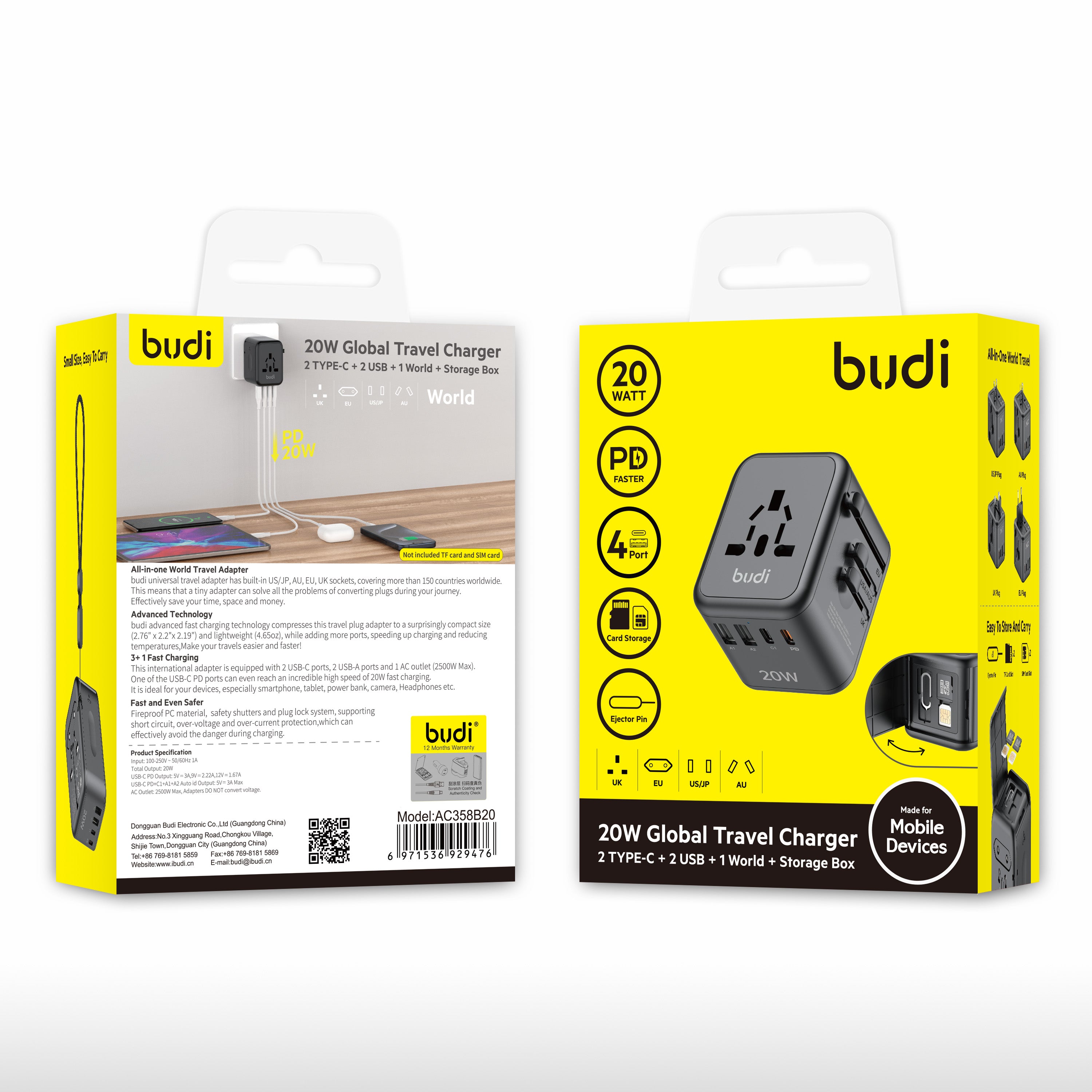 20W PD 4-Port USB Wall Charger (2x USB-C + 2x USB-A) | 4 Interchangeable Plugs (UK/EU/AU/US)