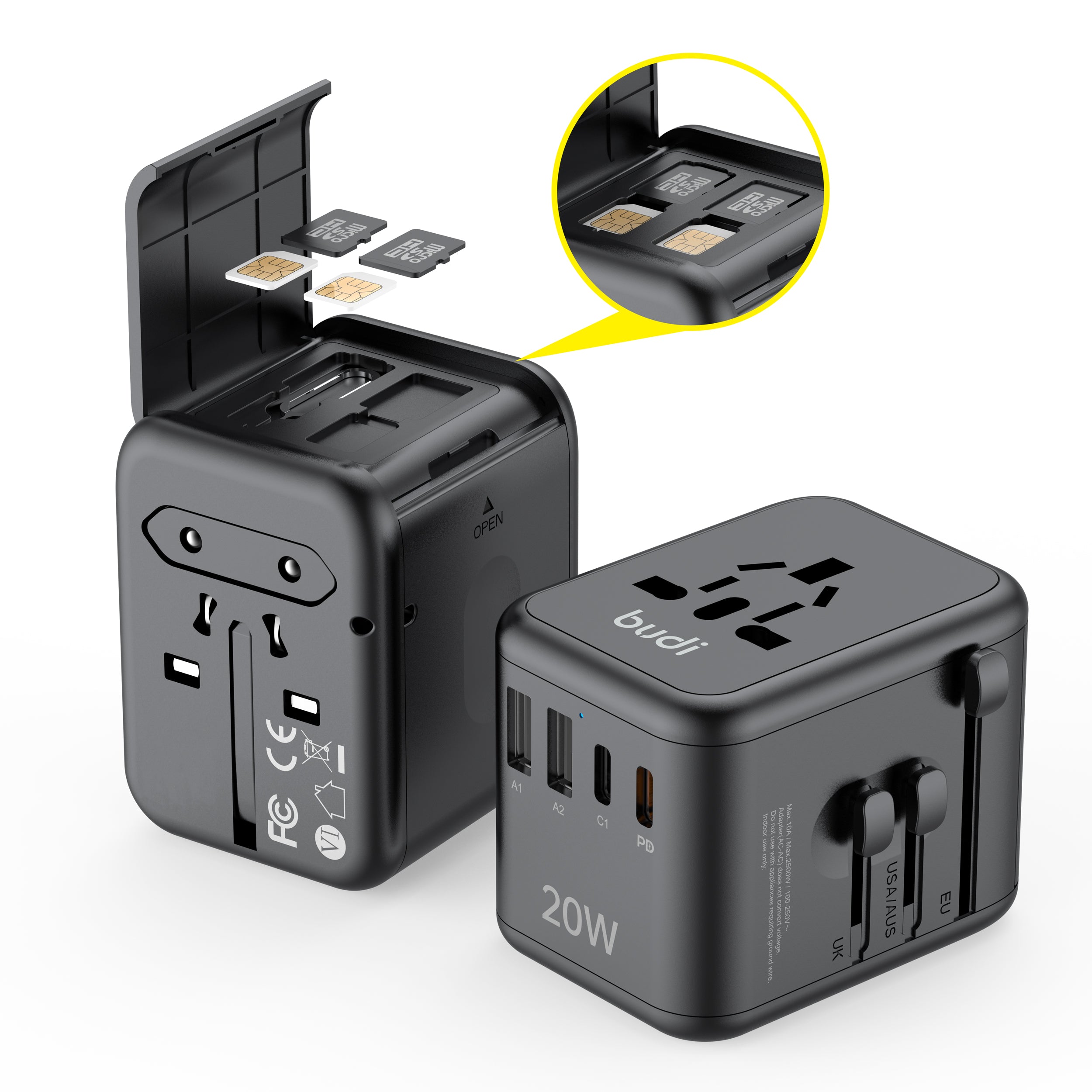 20W PD 4-Port USB Wall Charger (2x USB-C + 2x USB-A) | 4 Interchangeable Plugs (UK/EU/AU/US)