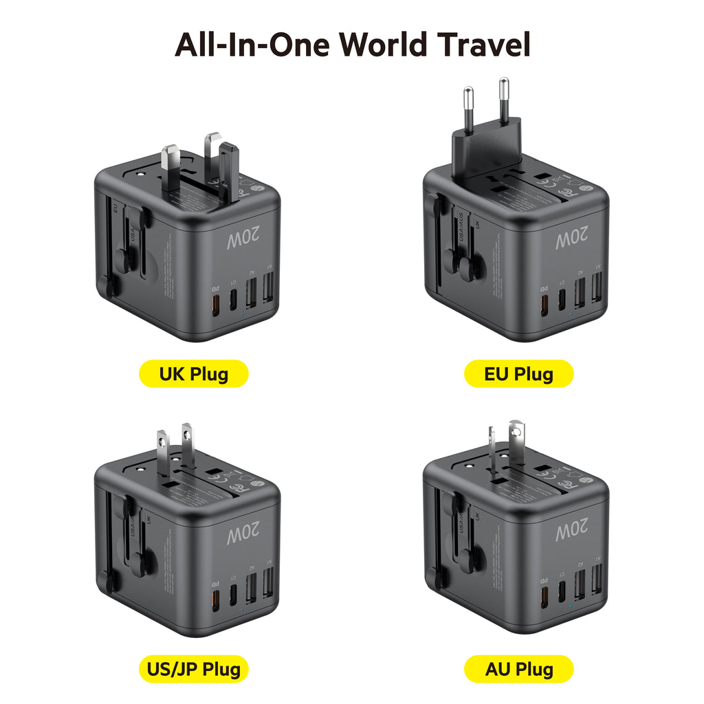 20W PD 4-Port USB Wall Charger (2x USB-C + 2x USB-A) | 4 Interchangeable Plugs (UK/EU/AU/US)