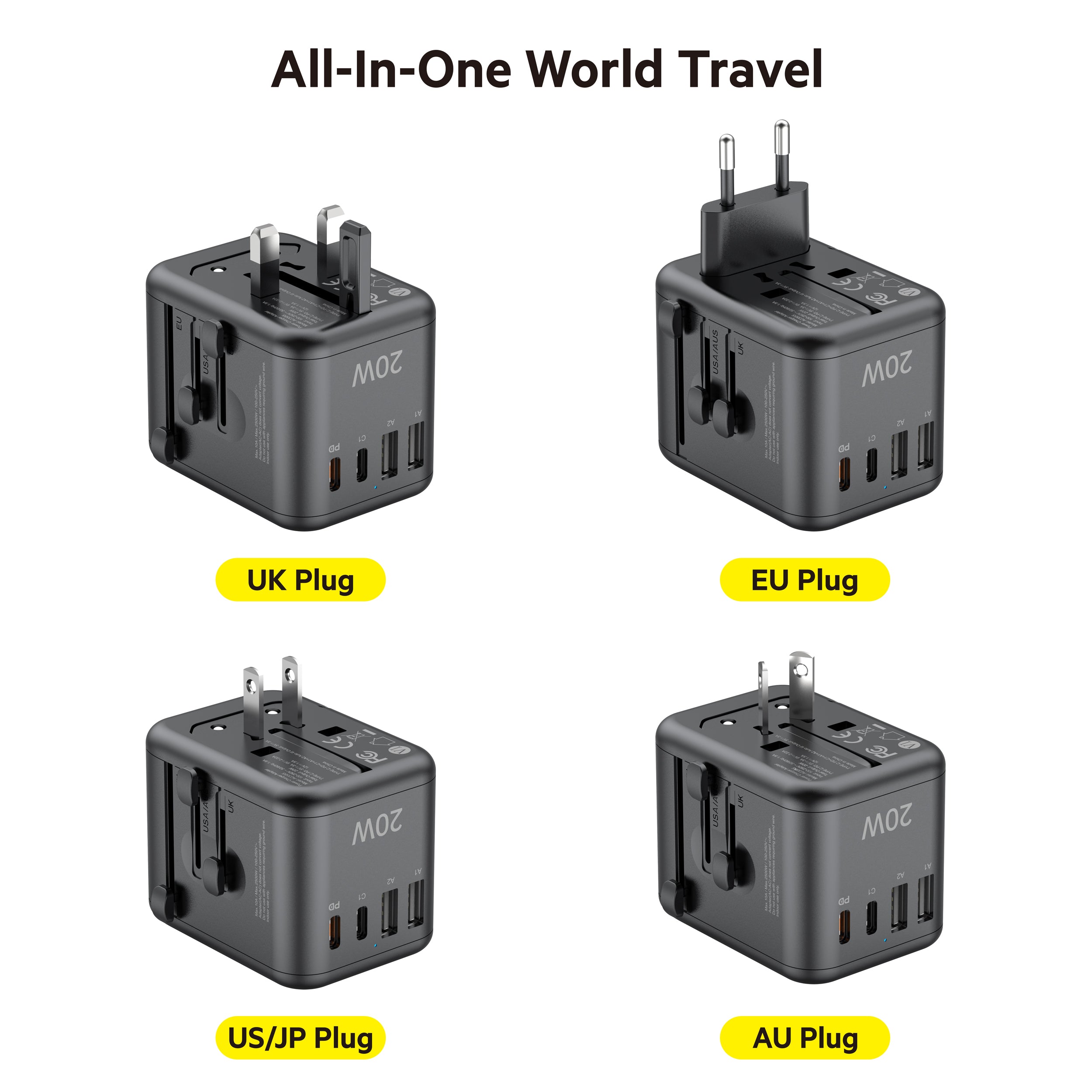 20W PD 4-Port USB Wall Charger (2x USB-C + 2x USB-A) | 4 Interchangeable Plugs (UK/EU/AU/US)