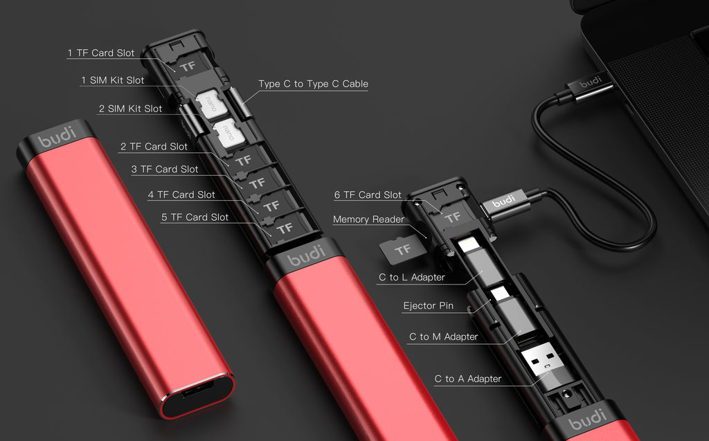 9-IN-1 Multi-Functional Cable Stick (Red) | 6-Type Multi-Cable + SIM Kit + TF Card Reader + Phone Cradle