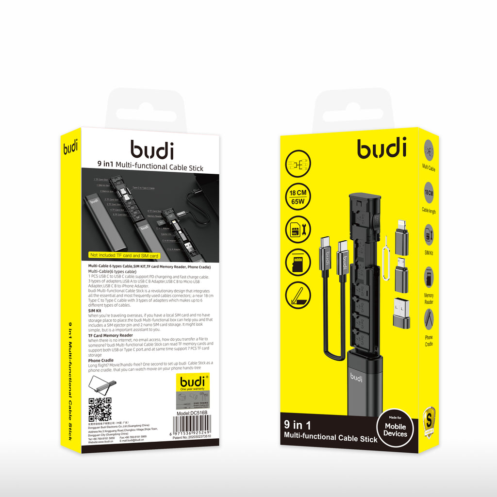 9-IN-1 Multi-Functional Cable Stick (Black) | 6-Type Multi-Cable + SIM Kit + TF Card Reader + Phone Cradle