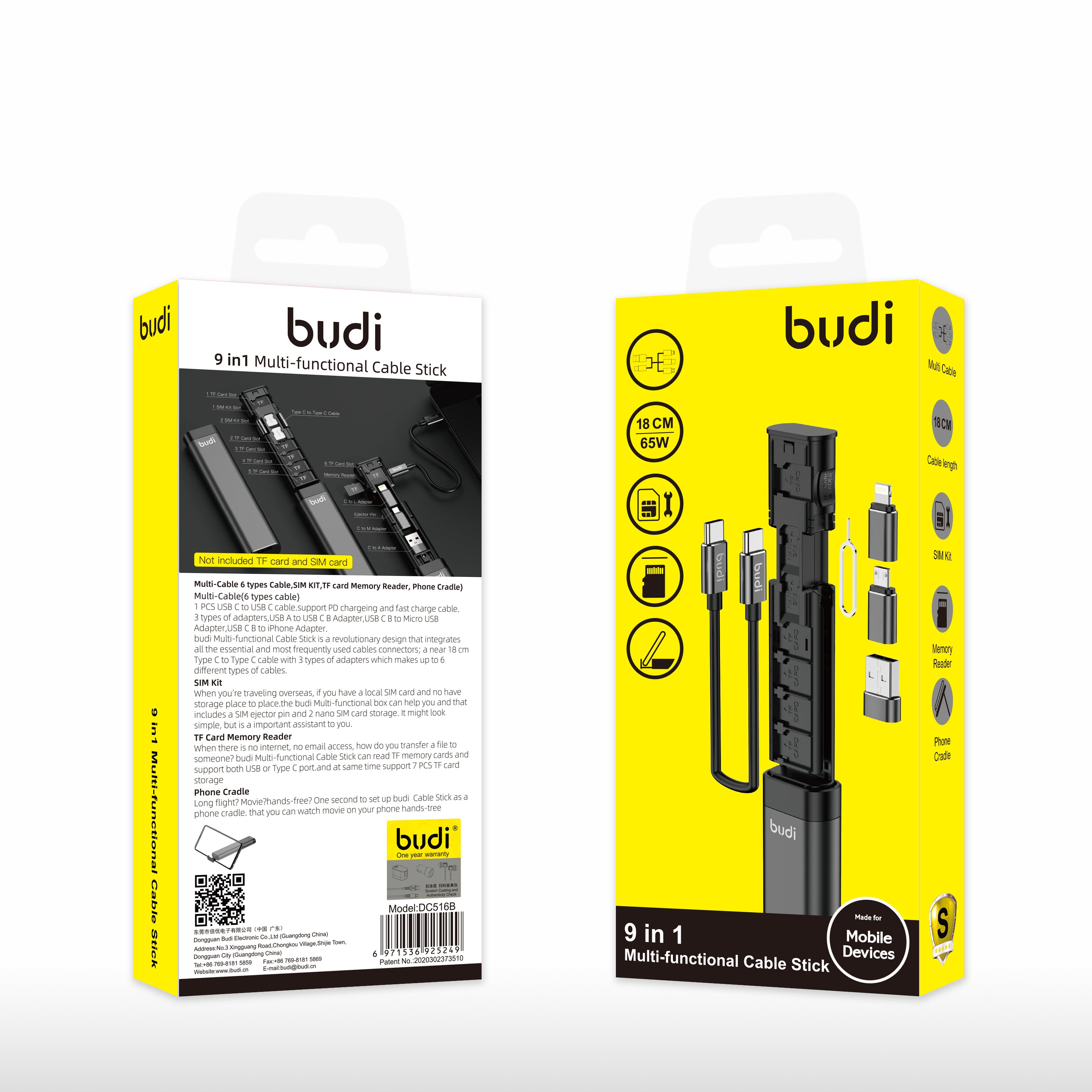 9-IN-1 Multi-Functional Cable Stick (Black) | 6-Type Multi-Cable + SIM Kit + TF Card Reader + Phone Cradle