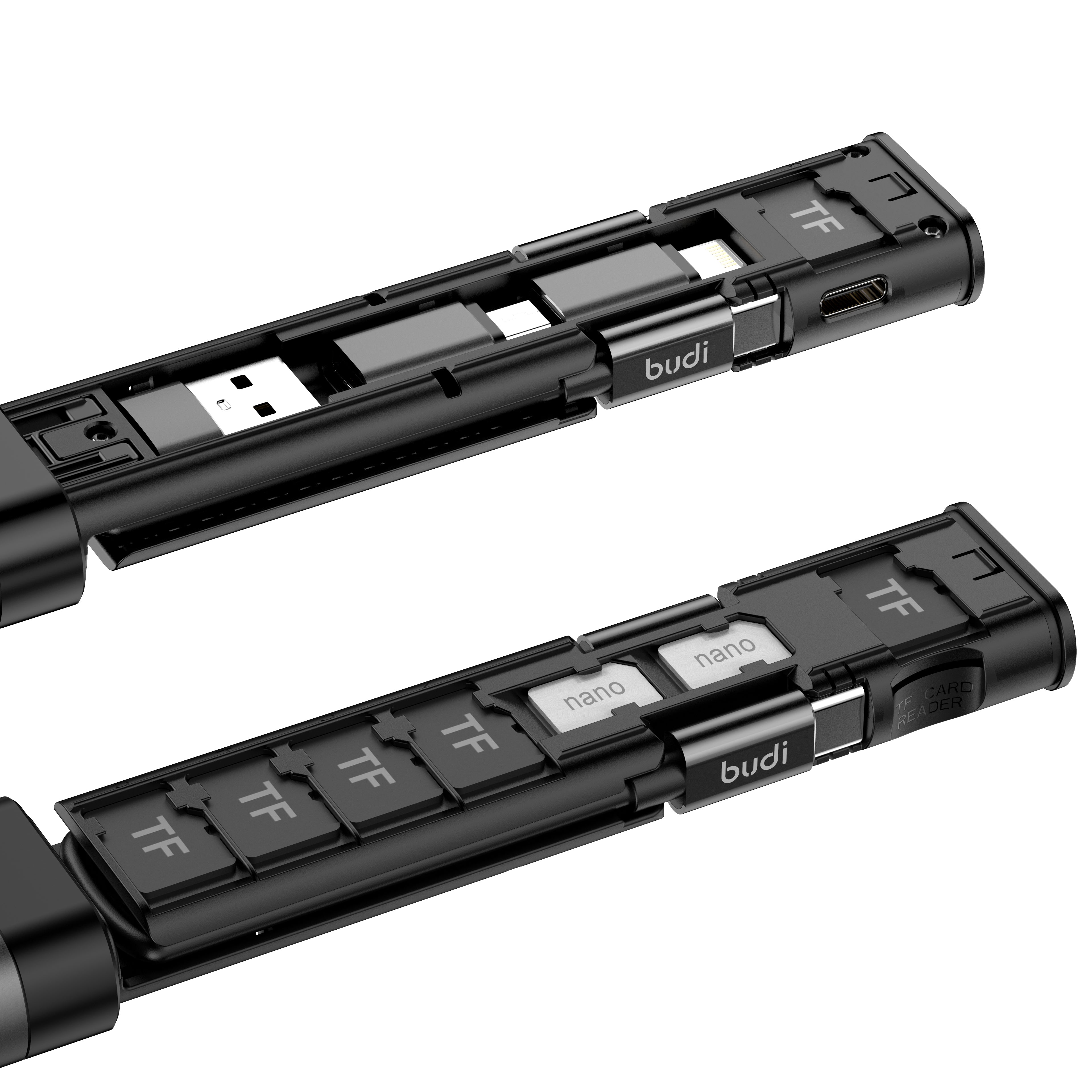 9-IN-1 Multi-Functional Cable Stick (Black) | 6-Type Multi-Cable + SIM Kit + TF Card Reader + Phone Cradle