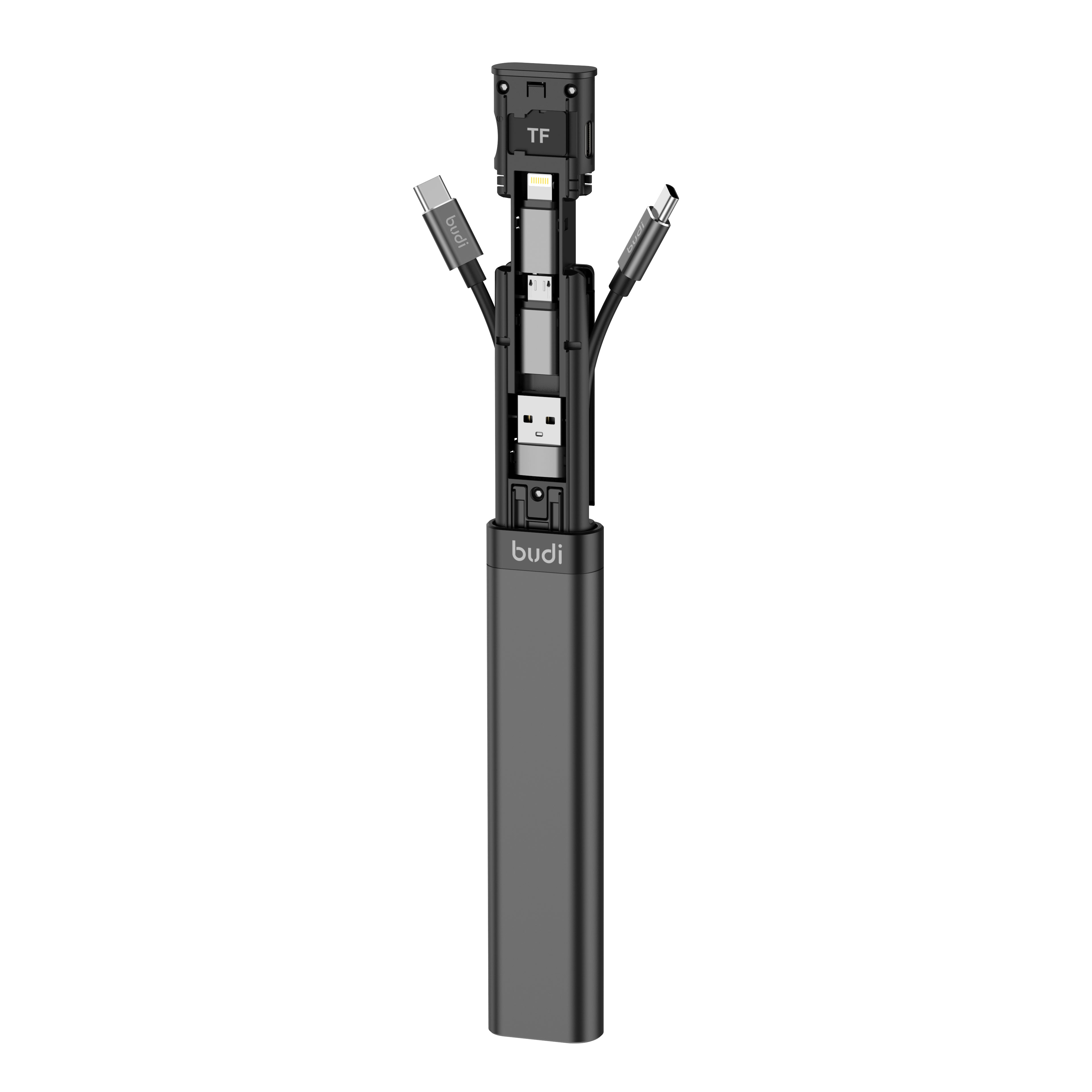 9-IN-1 Multi-Functional Cable Stick (Black) | 6-Type Multi-Cable + SIM Kit + TF Card Reader + Phone Cradle
