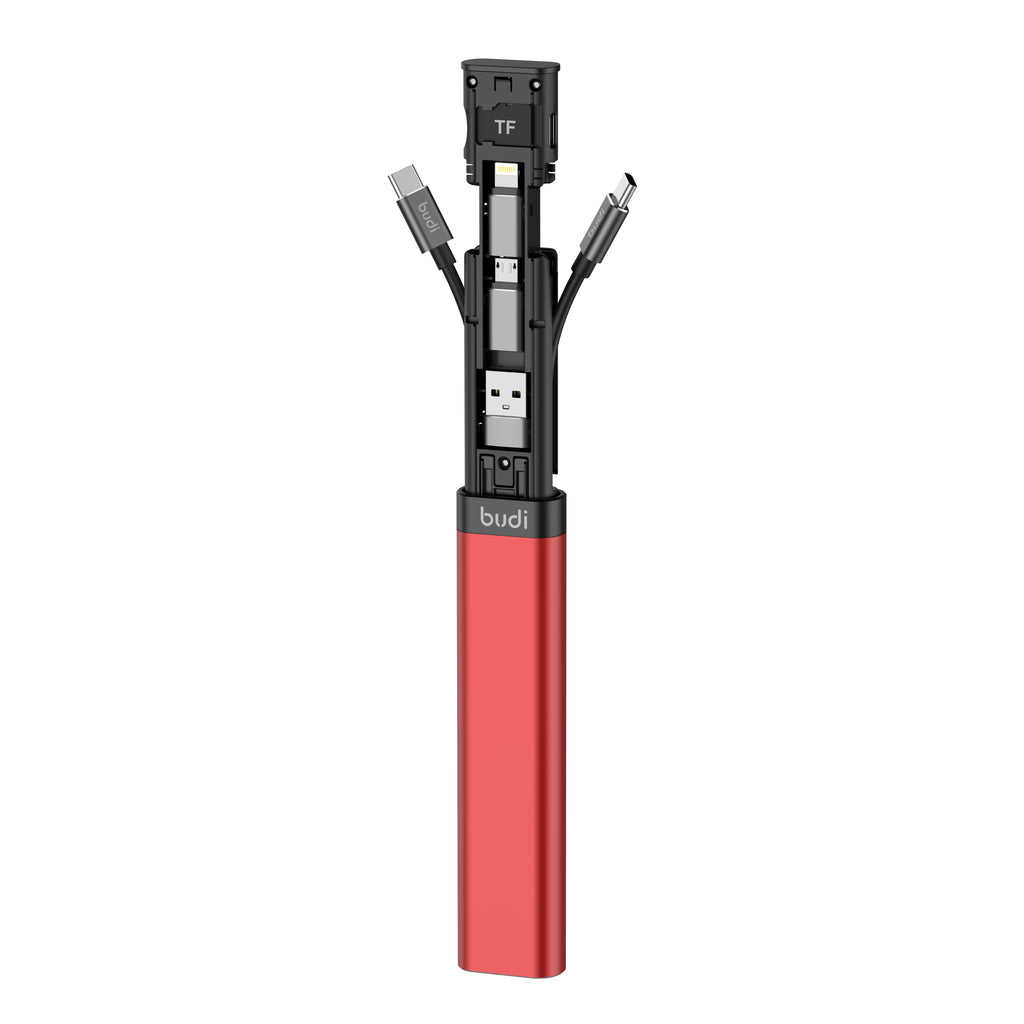 9-IN-1 Multi-Functional Cable Stick (Red) | 6-Type Multi-Cable + SIM Kit + TF Card Reader + Phone Cradle