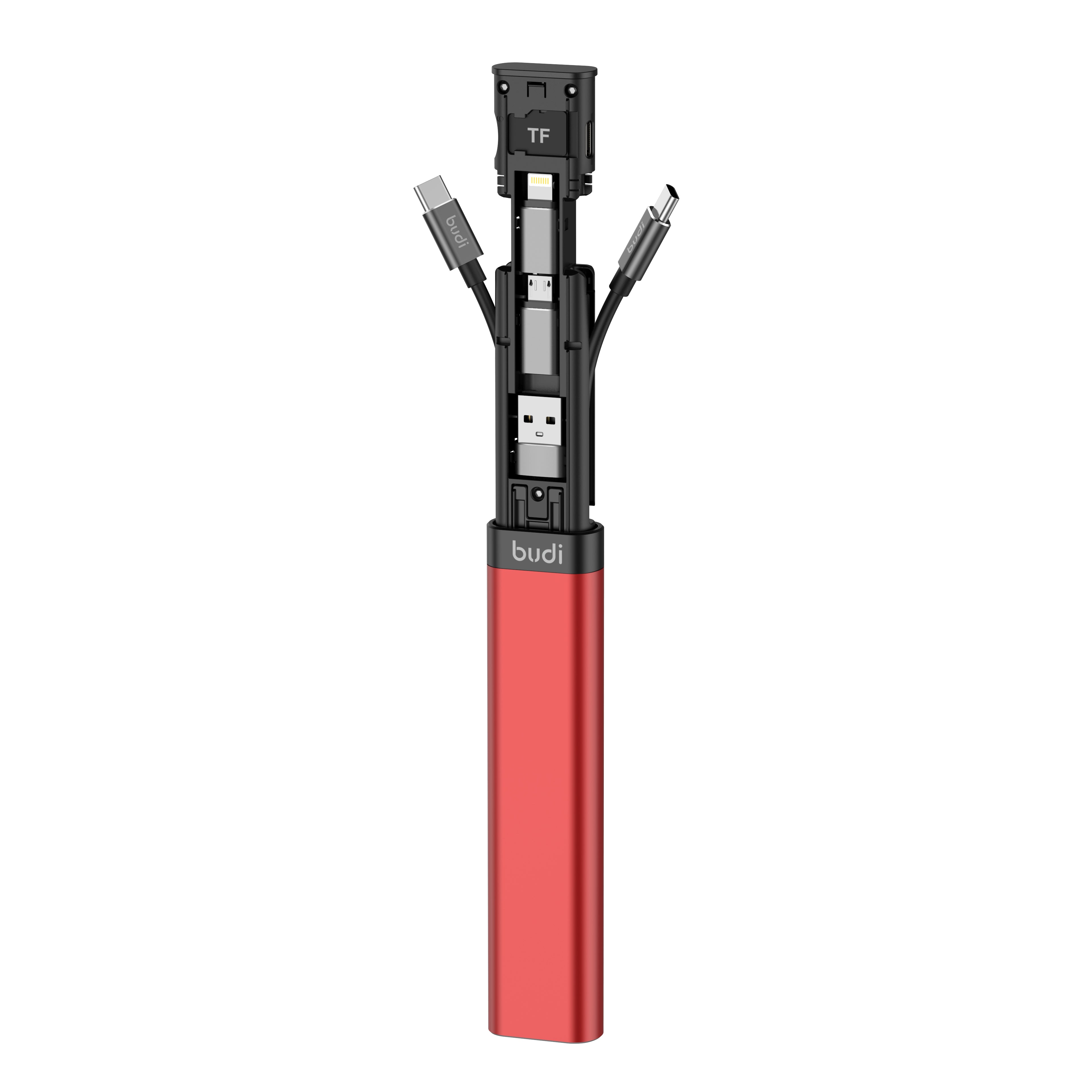9-IN-1 Multi-Functional Cable Stick (Red) | 6-Type Multi-Cable + SIM Kit + TF Card Reader + Phone Cradle