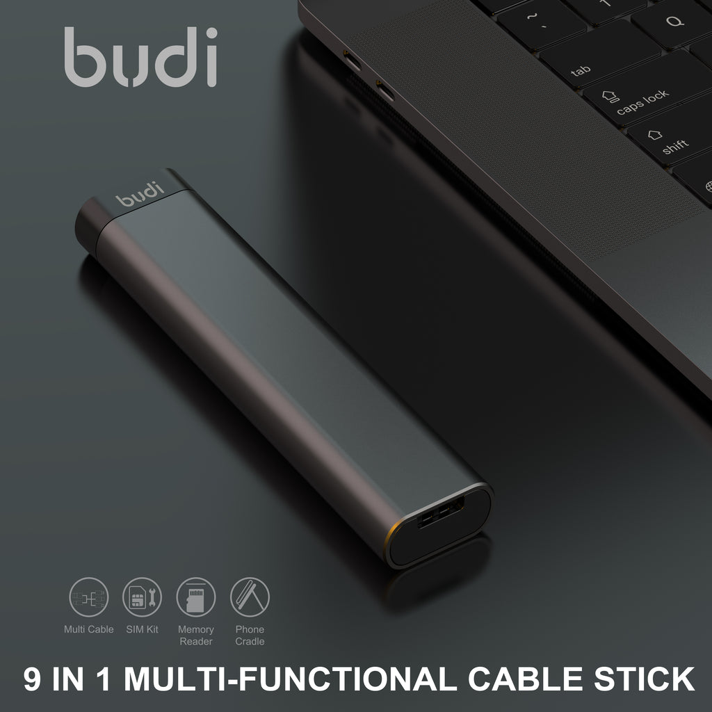 9-IN-1 Multi-Functional Cable Stick (Black) | 6-Type Multi-Cable + SIM Kit + TF Card Reader + Phone Cradle