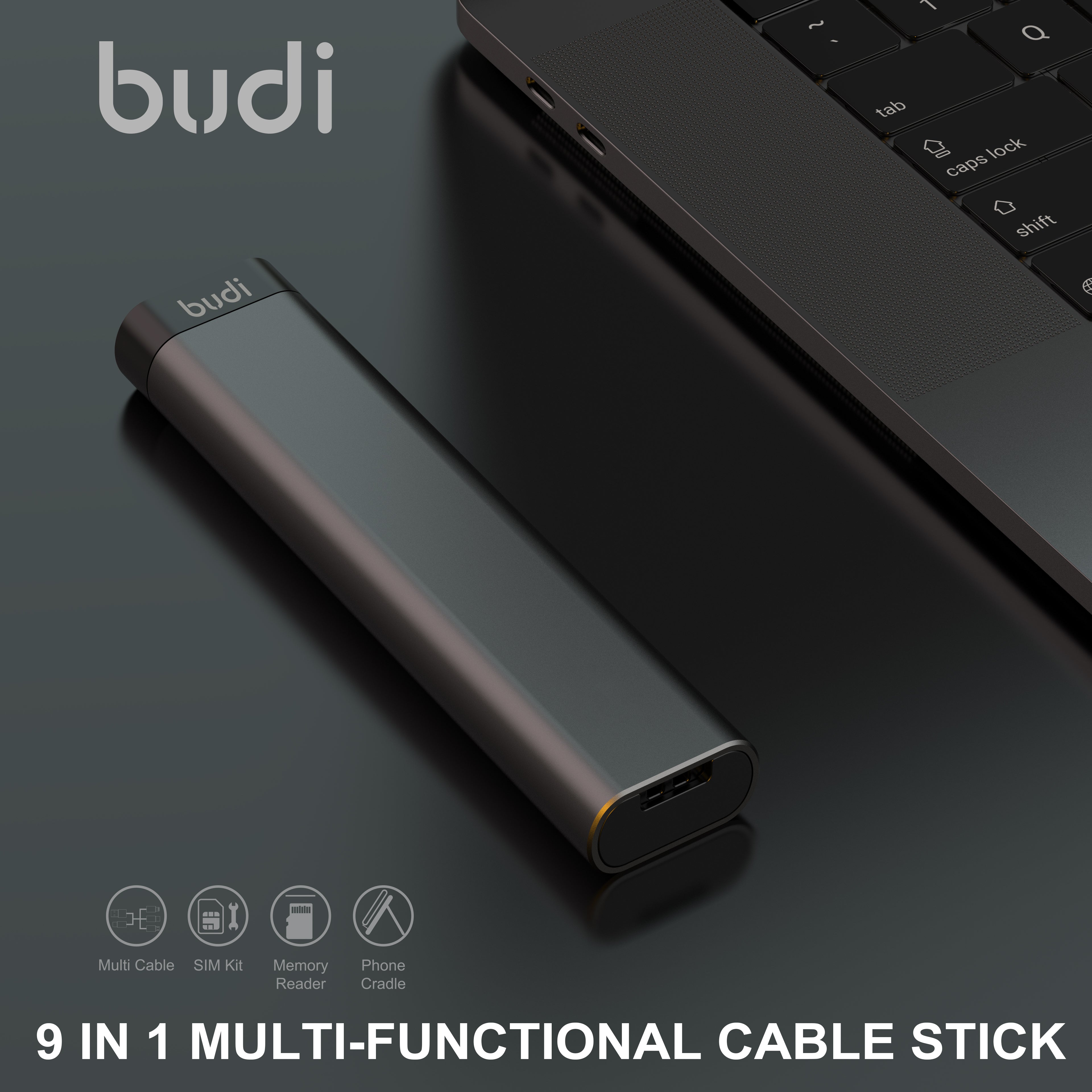 9-IN-1 Multi-Functional Cable Stick (Black) | 6-Type Multi-Cable + SIM Kit + TF Card Reader + Phone Cradle