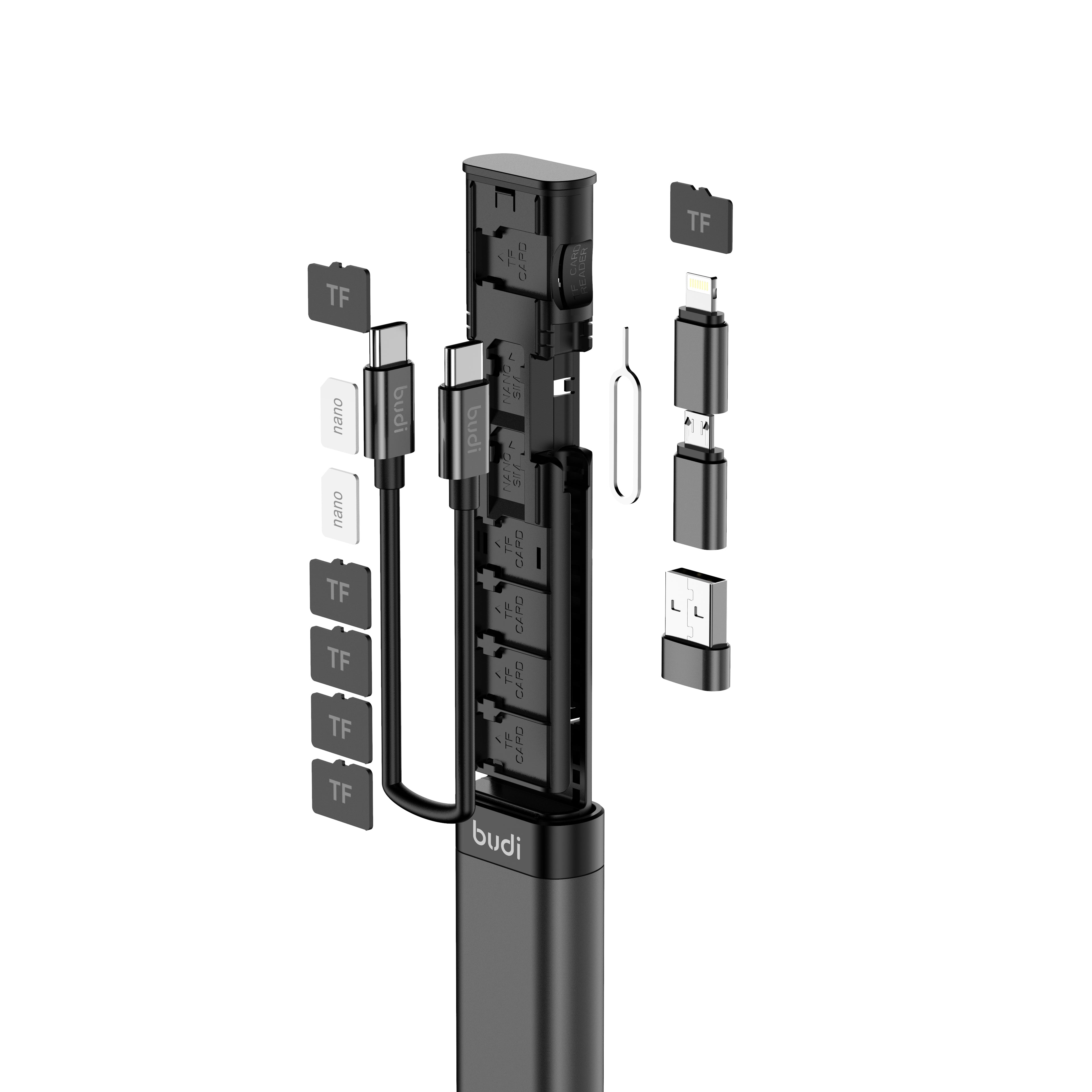 9-IN-1 Multi-Functional Cable Stick (Black) | 6-Type Multi-Cable + SIM Kit + TF Card Reader + Phone Cradle