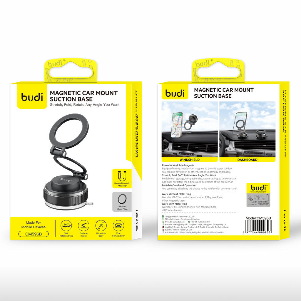 Magnetic Car Phone Mount with Suction Base | Stretch, Fold & Rotate to Any Angle