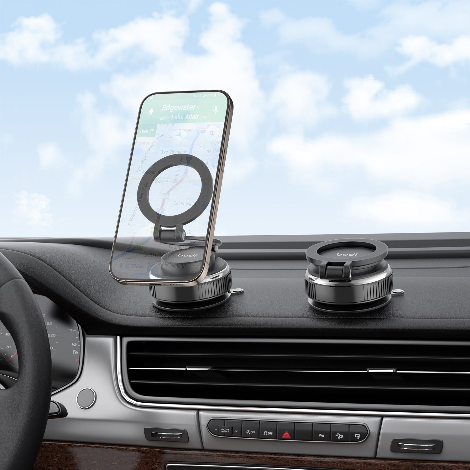 Magnetic Car Phone Mount with Suction Base | Stretch, Fold & Rotate to Any Angle