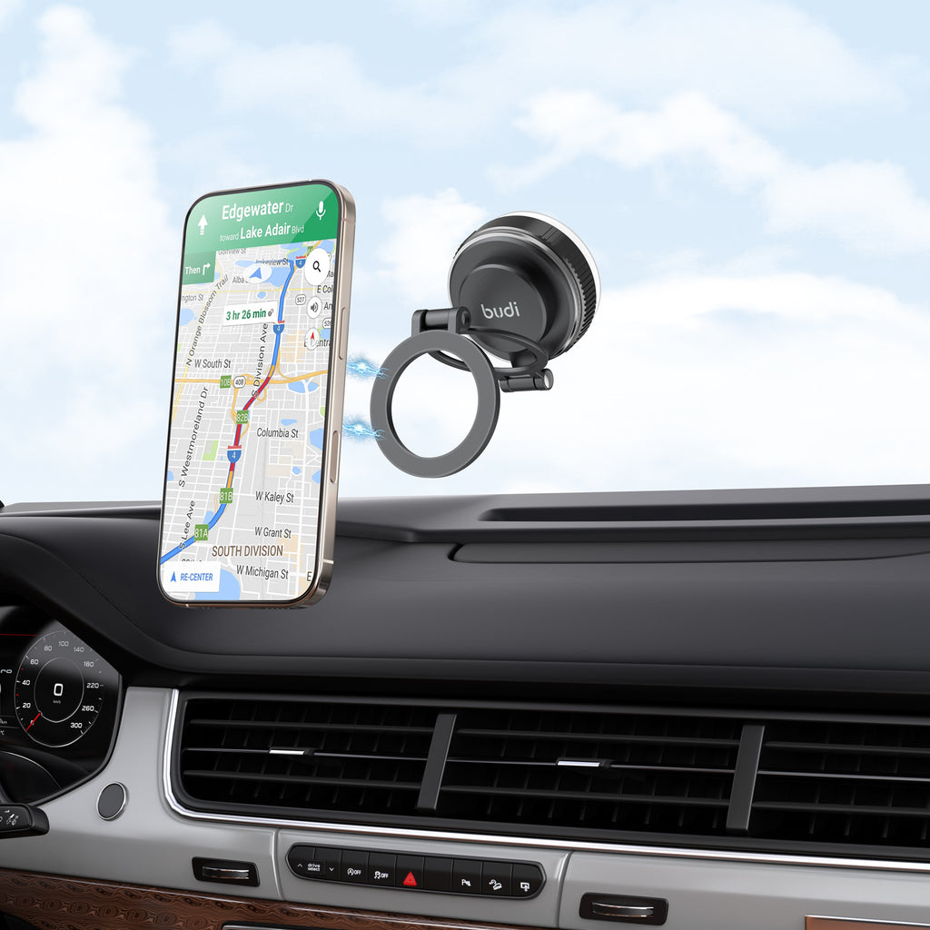 Magnetic Car Phone Mount with Suction Base | Stretch, Fold & Rotate to Any Angle