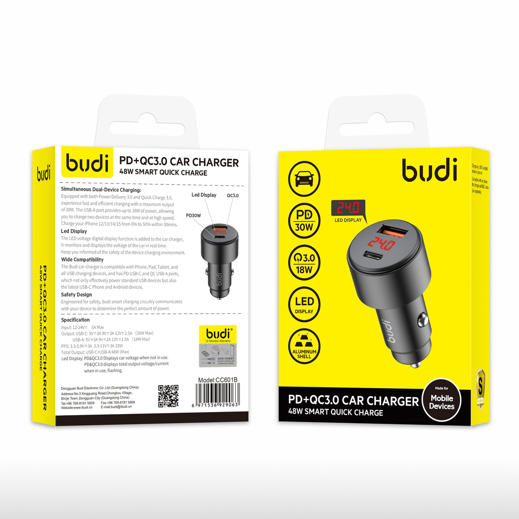 LED Display 48W PD+QC 2-Port Car Charger (1x USB-C + 1x USB-A) | Aluminum Alloy Shell