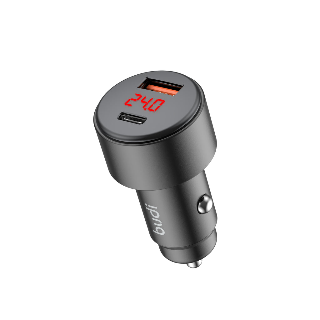 LED Display 48W PD+QC 2-Port Car Charger (1x USB-C + 1x USB-A) | Aluminum Alloy Shell