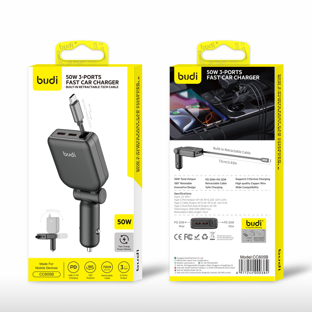 50W PD 2-Port USB-C Car Charger with Built-in 0.72m Retractable USB-C Cable | Fire-Resistant PC Shell