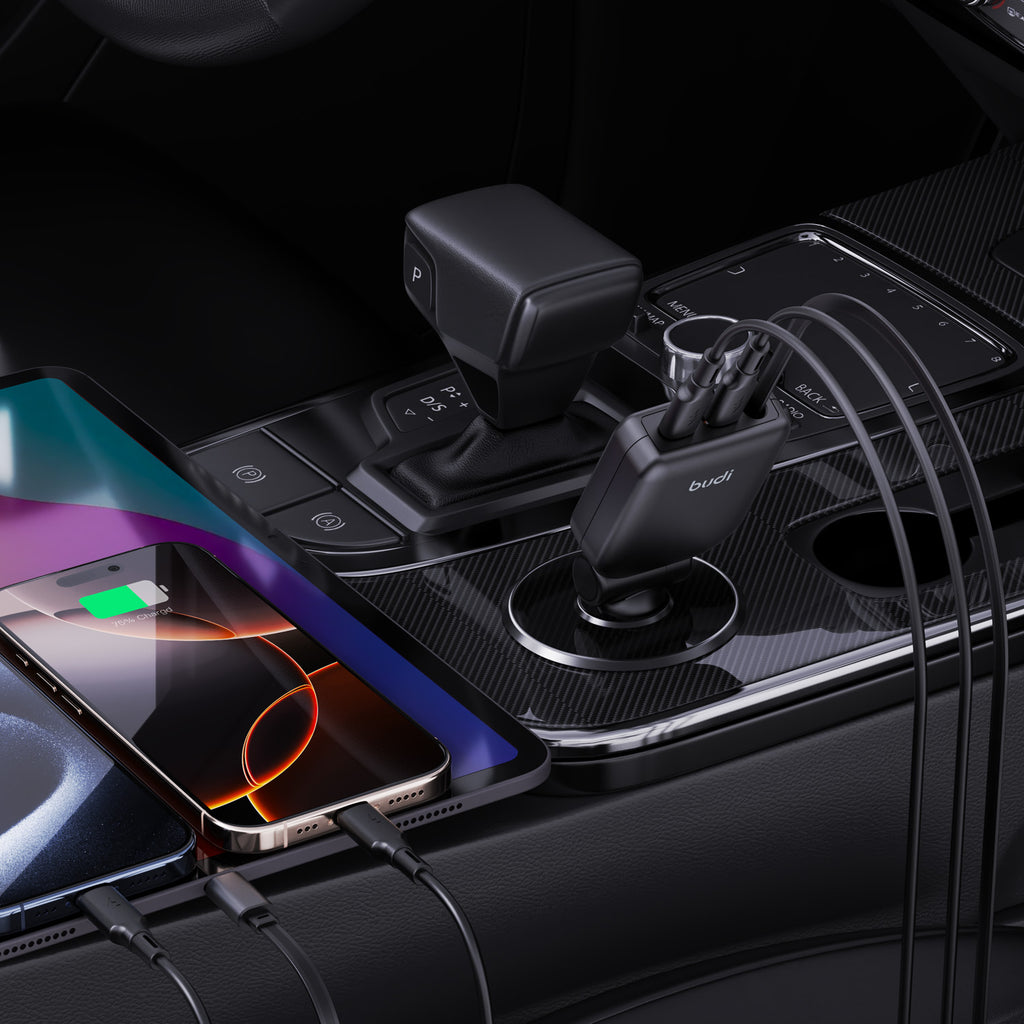 50W PD 2-Port USB-C Car Charger with Built-in 0.72m Retractable USB-C Cable | Fire-Resistant PC Shell