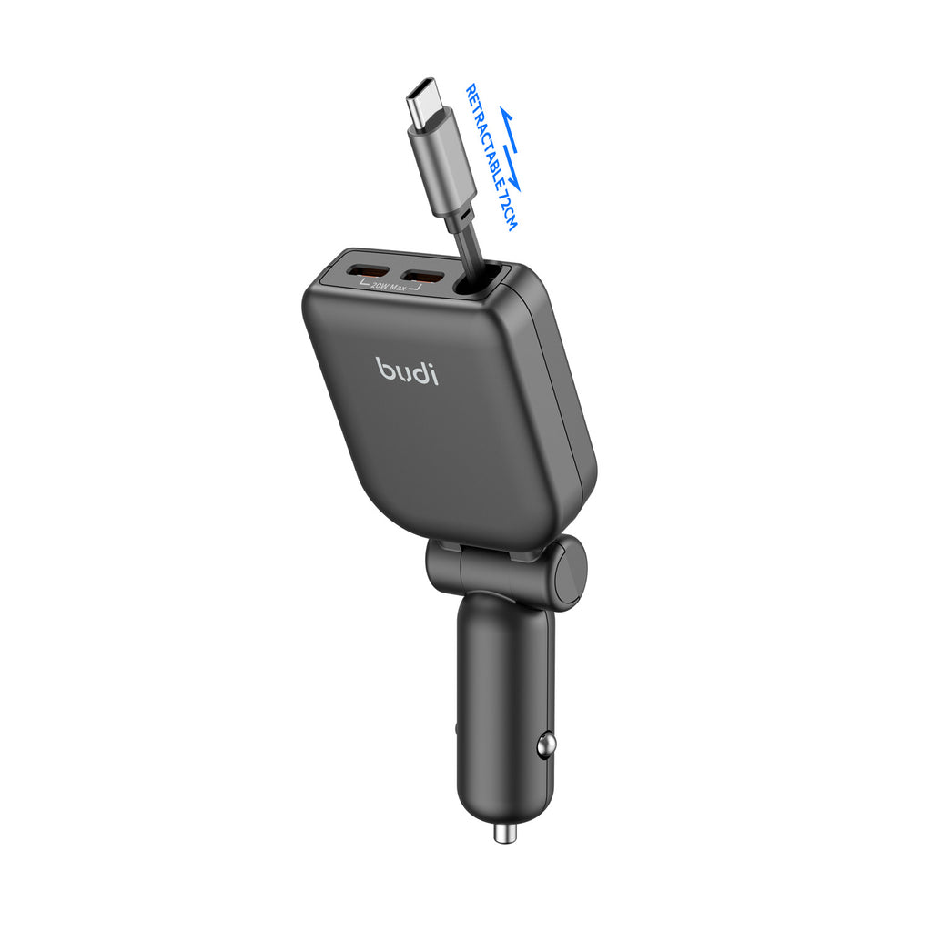 50W PD 2-Port USB-C Car Charger with Built-in 0.72m Retractable USB-C Cable | Fire-Resistant PC Shell