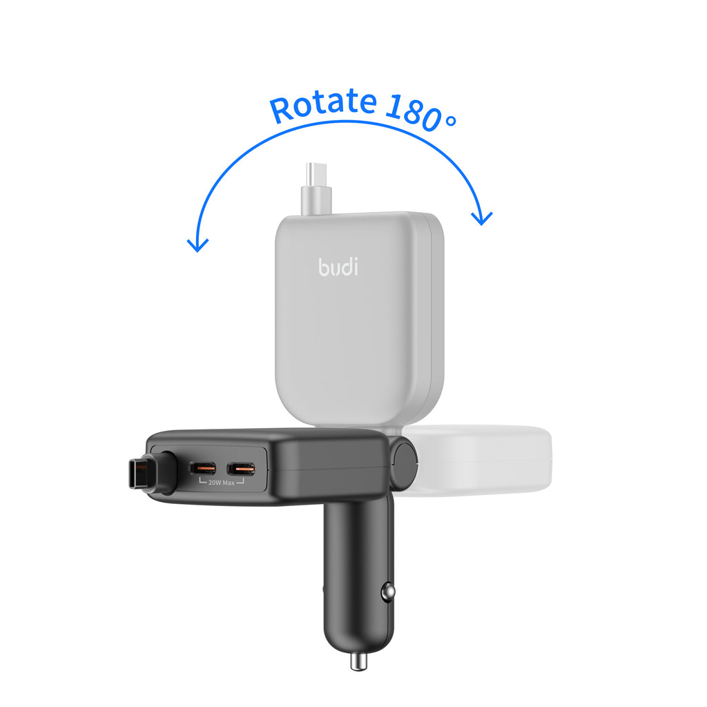 50W PD 2-Port USB-C Car Charger with Built-in 0.72m Retractable USB-C Cable | Fire-Resistant PC Shell