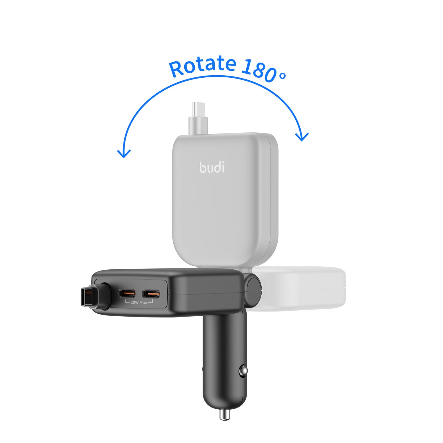 50W PD 2-Port USB-C Car Charger with Built-in 0.72m Retractable USB-C Cable | Fire-Resistant PC Shell