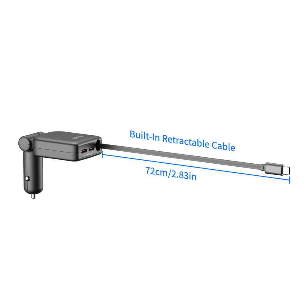 50W PD 2-Port USB-C Car Charger with Built-in 0.72m Retractable USB-C Cable | Fire-Resistant PC Shell