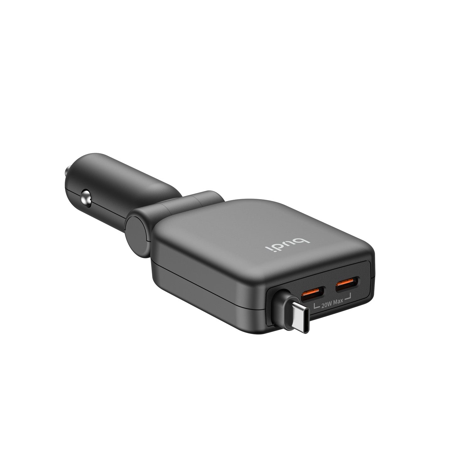 50W PD 2-Port USB-C Car Charger with Built-in 0.72m Retractable USB-C Cable | Fire-Resistant PC Shell