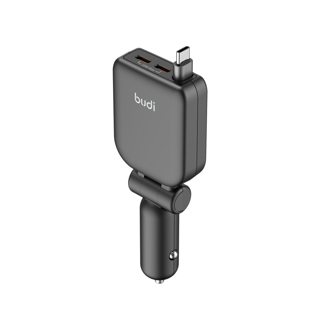 50W PD 2-Port USB-C Car Charger with Built-in 0.72m Retractable USB-C Cable | Fire-Resistant PC Shell